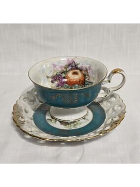 Vintage Royal Halsey Very Fine Teacup & Pierced Saucer Set Turquoise Gold Gilt
